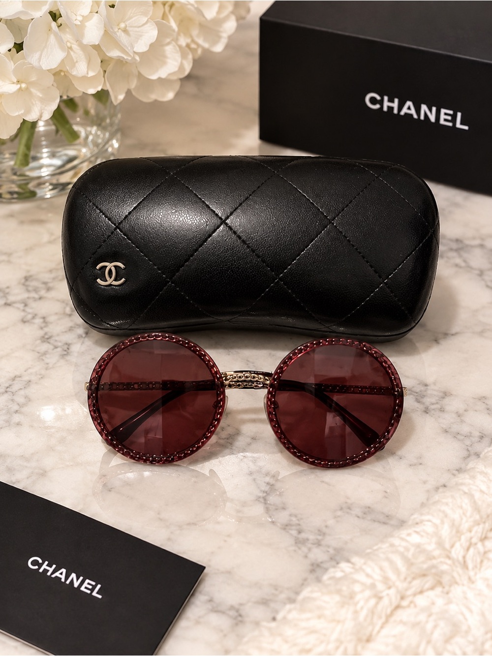 CHANEL Round Crystal-Edge Sunglasses in Burgundy and Gold